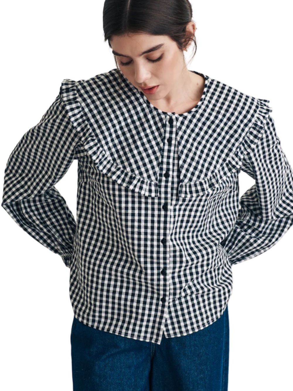 🖤🤍 Nobody's Child Black & White Gingham Ruffle Collar Button-Front Blouse - Picture 2 of 10